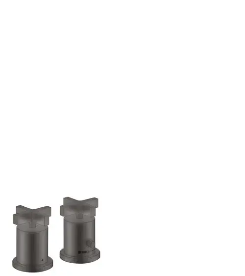 Zwei Wannenrandarmaturen mit Kreuzgriffen in Brushed Black Chrome, designed von AXOR. Eine Armatur hat ein Thermostat und eine Skala zur Temperatureinstellung.